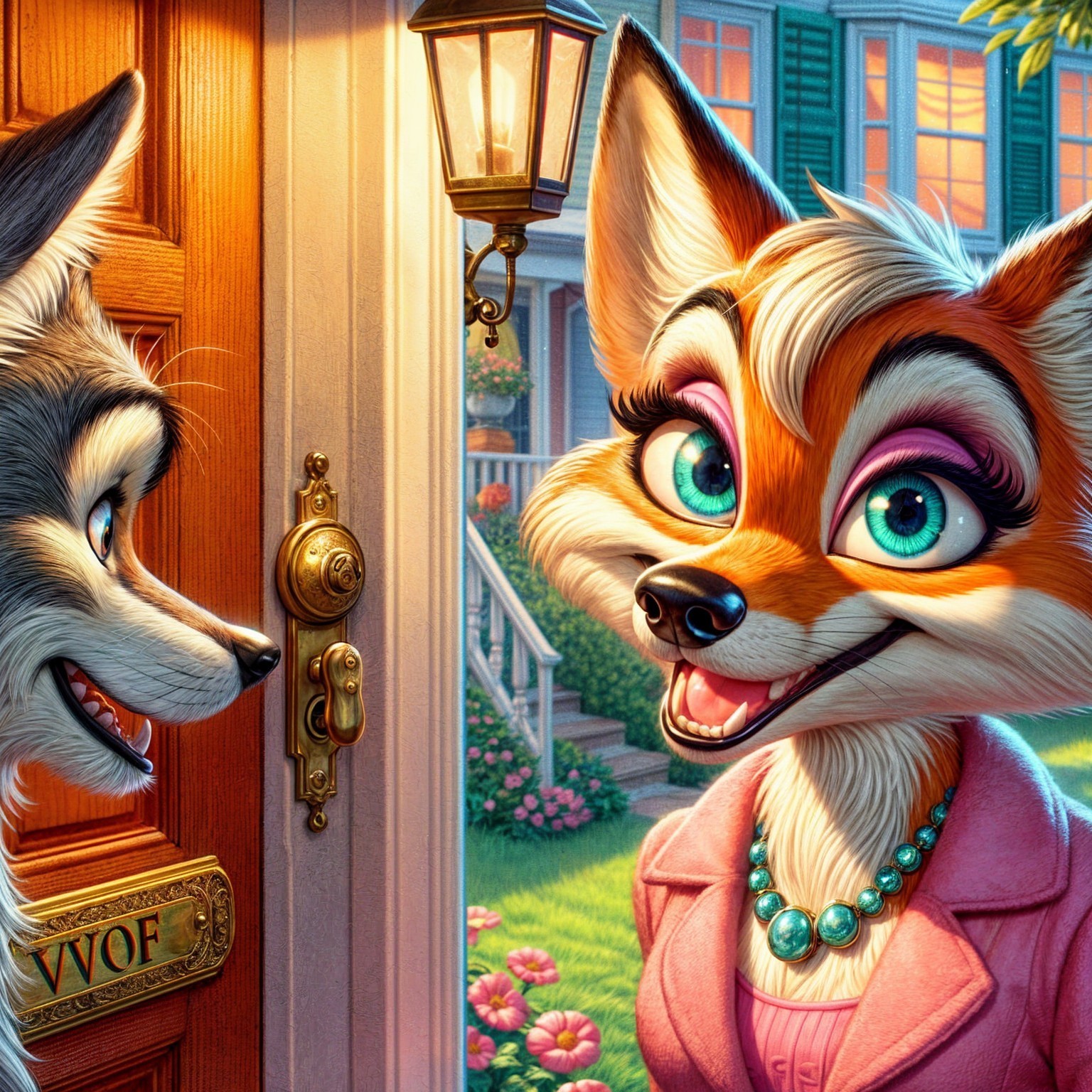 Charming Anthropomorphic Fox and Gray Wolf Interaction