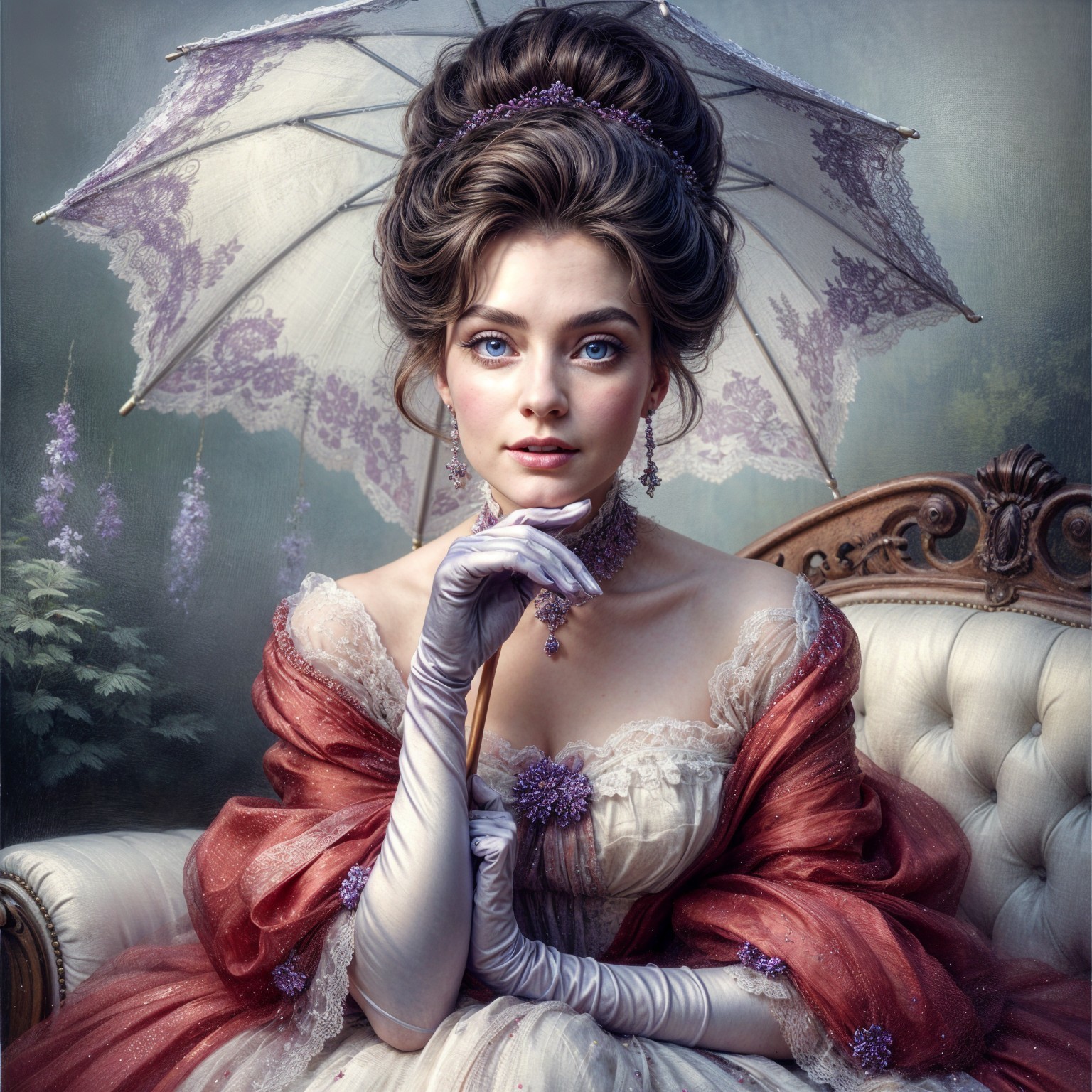 Elegant Woman in Vintage Gown on Ornate Sofa
