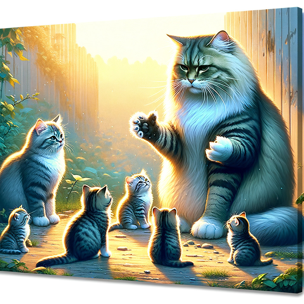 Fluffy tabby cat instructing kittens in sunlit garden