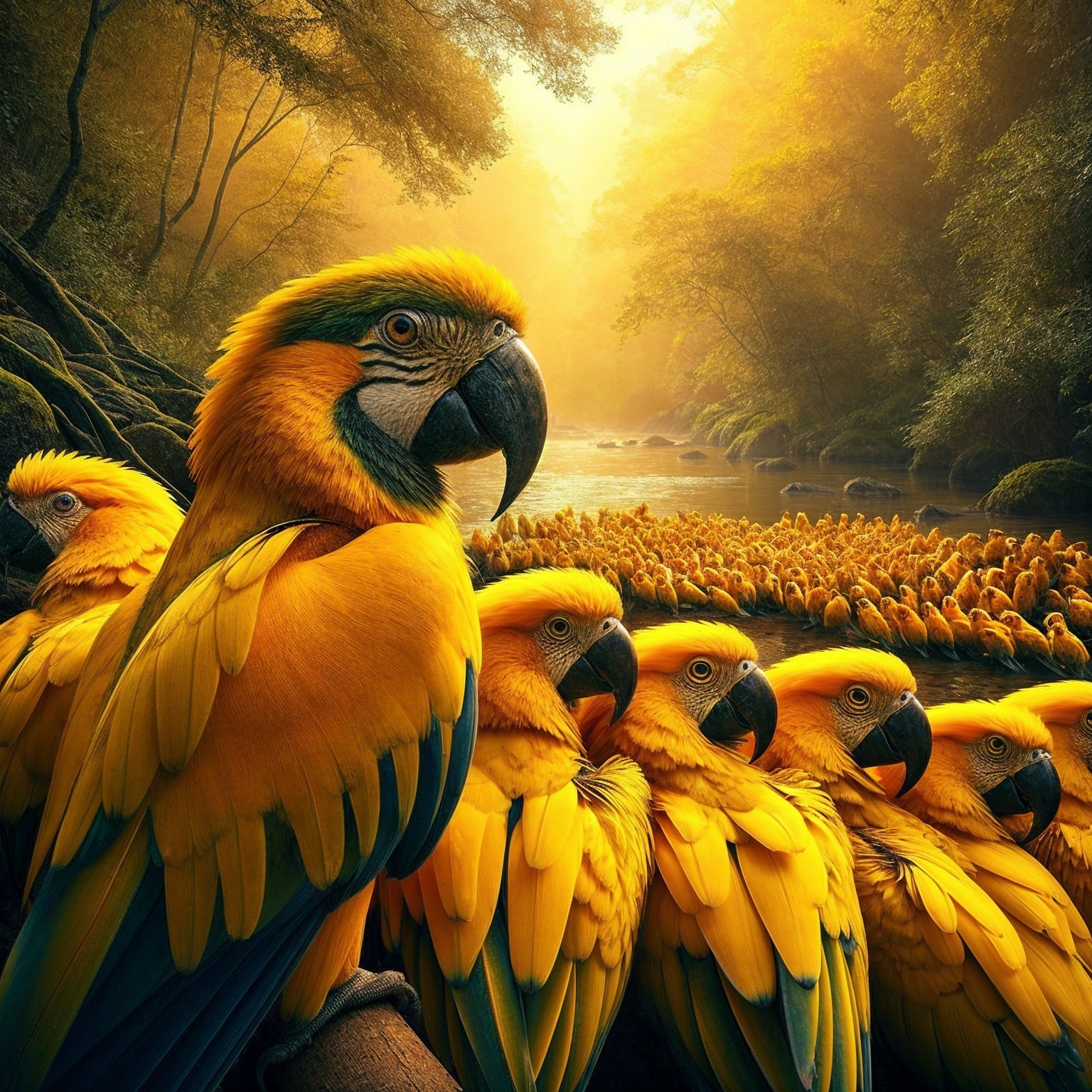 Vibrant Macaws in a Serene Rainforest Setting