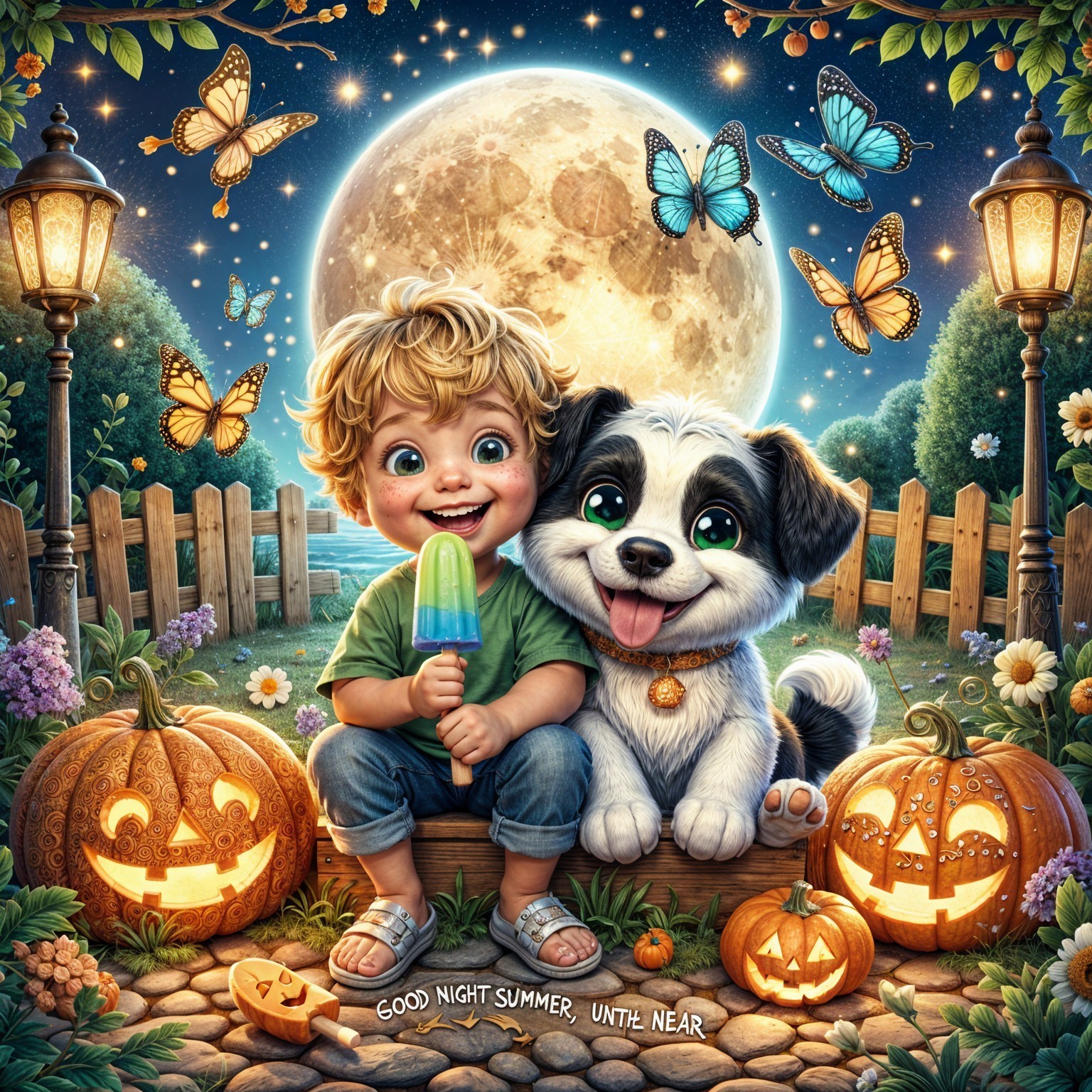 Cheerful boy with puppy in vibrant autumn scene