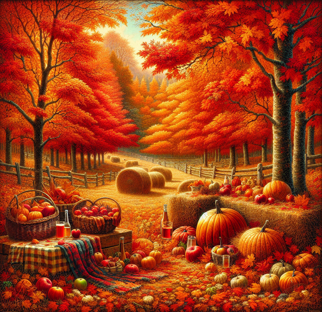 Autumn Picnic Scene with Colorful Trees and Harvest Decor