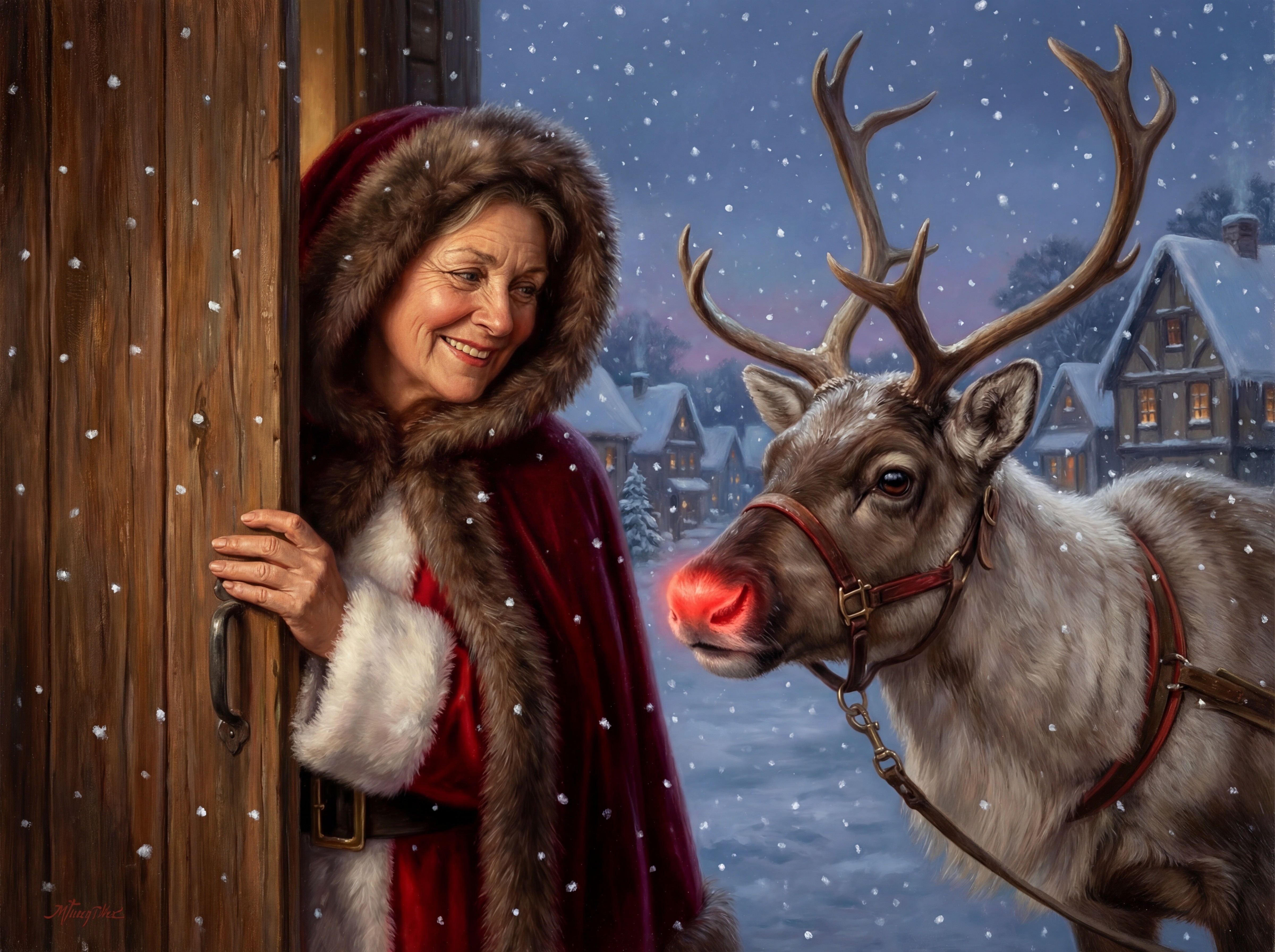 Mrs. Claus in Festive Attire Amidst Snowy Scene