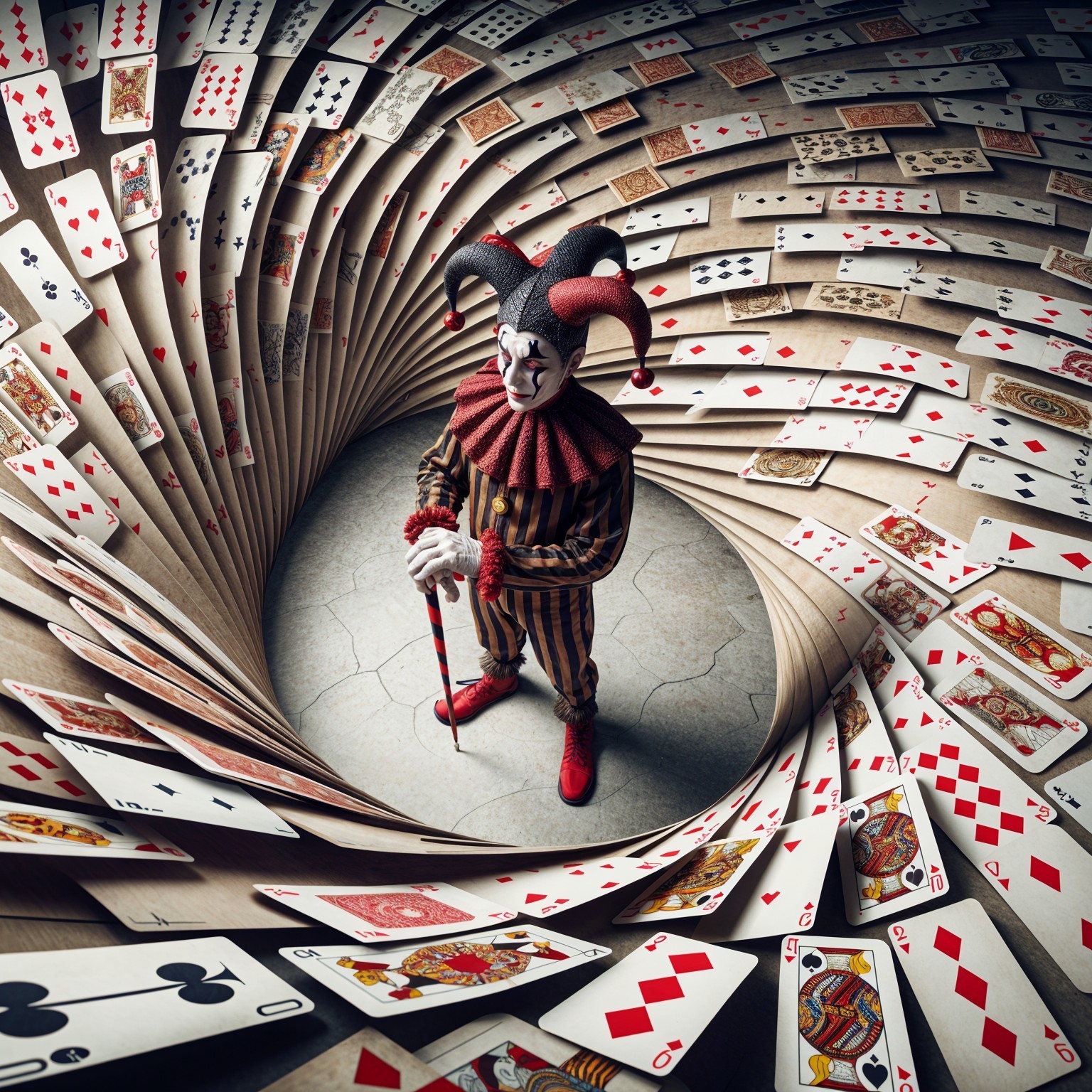 Surreal Scene of a Jester Surrounded by Playing Cards