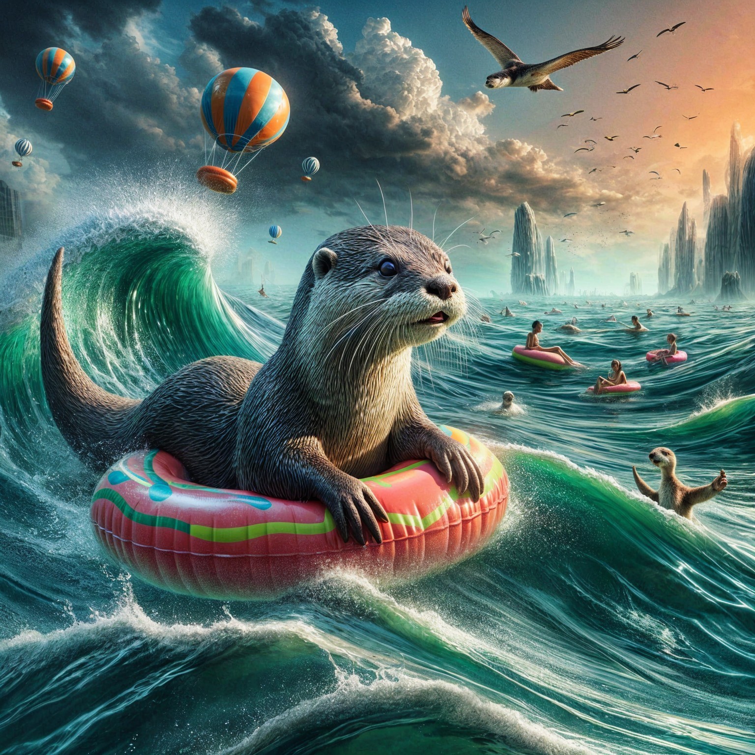 Playful Otter on Pink Tube Amidst Ocean Waves