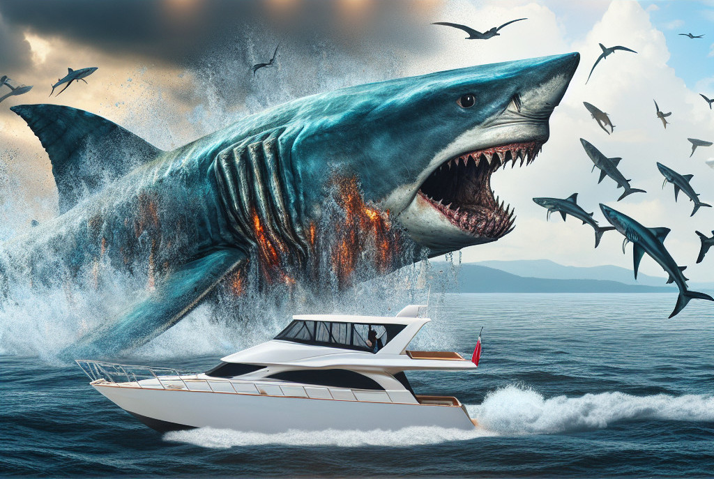 Luxury yacht amidst turbulent waves and leaping shark