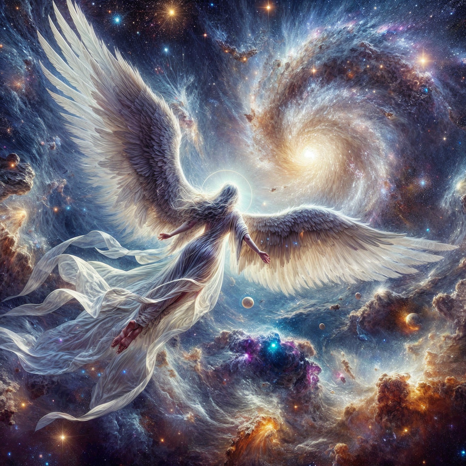 Celestial Scene with Angel and Cosmic Backdrop