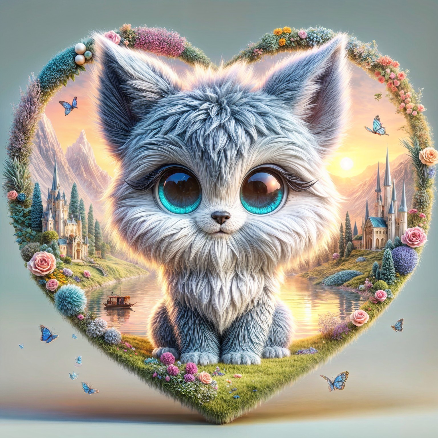 Whimsical Fox in Heart Frame with Enchanting Landscape