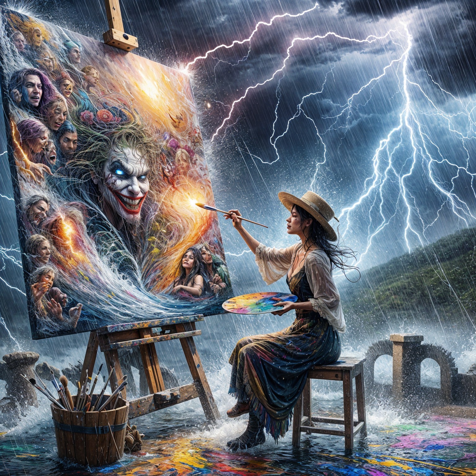 Woman in Straw Hat Painting Chaotic Stormy Scene