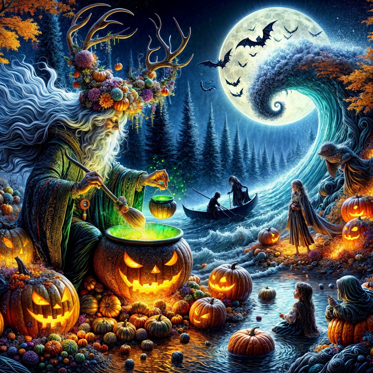 Mystical Landscape with Witch and Halloween Elements