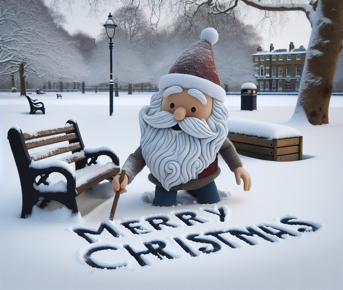 Cartoon Santa Writing in Snowy Park Scene