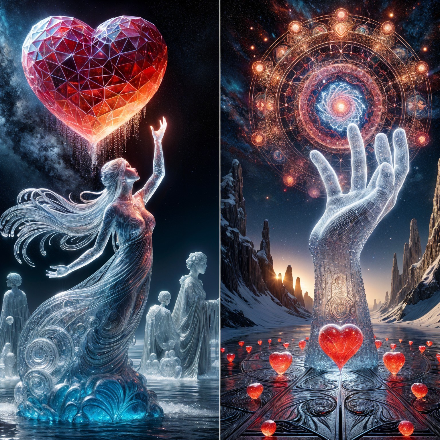 Surreal Scene with Crystalline Heart and Ethereal Figure