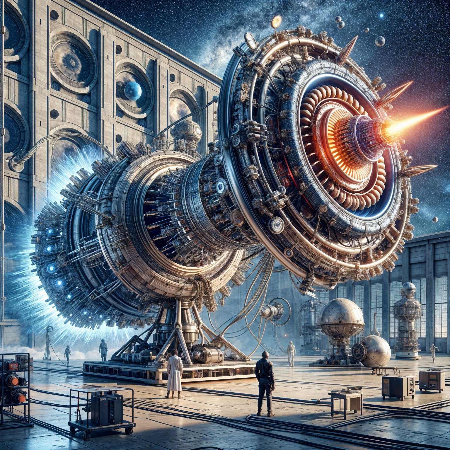 Futuristic Workshop with Colossal Spacecraft Engine