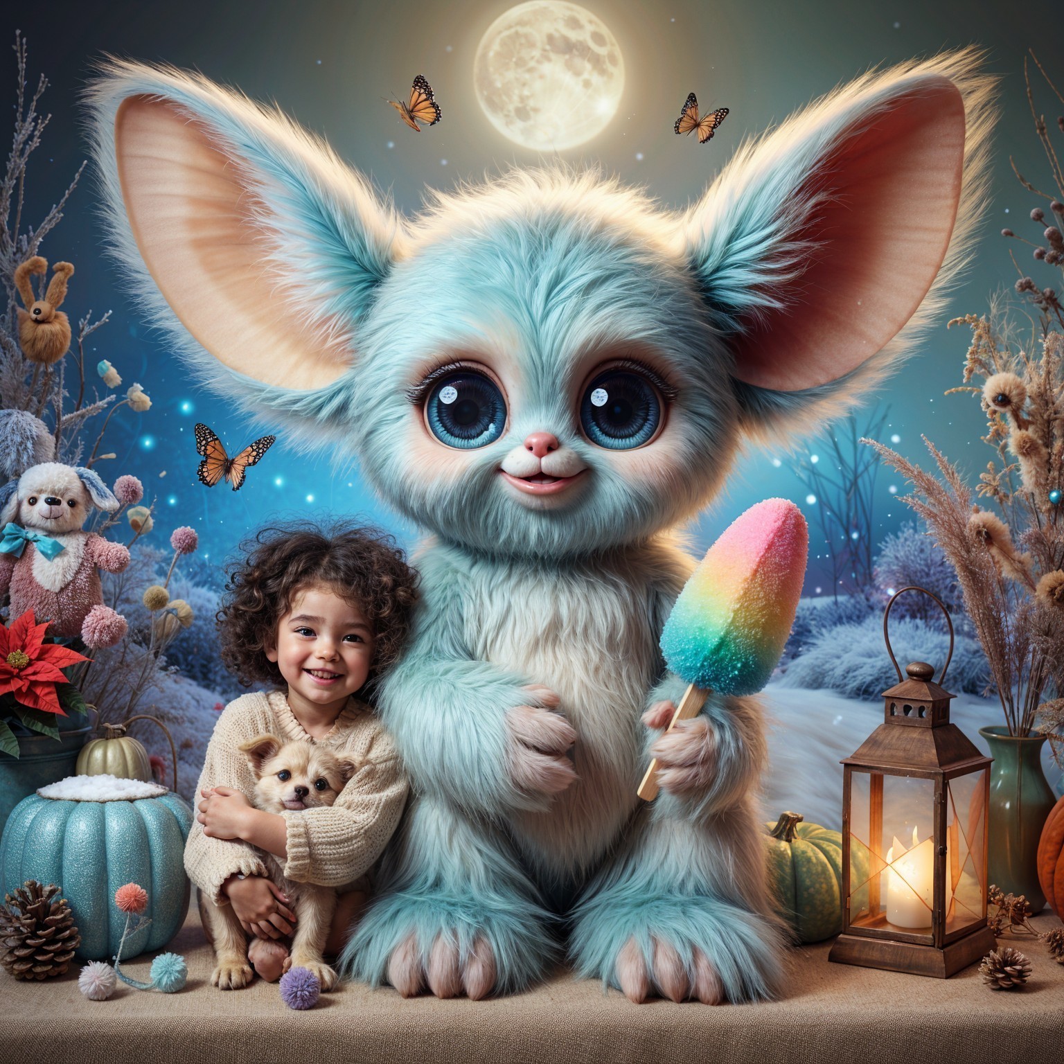 Whimsical Moonlit Scene with Child and Fluffy Creature
