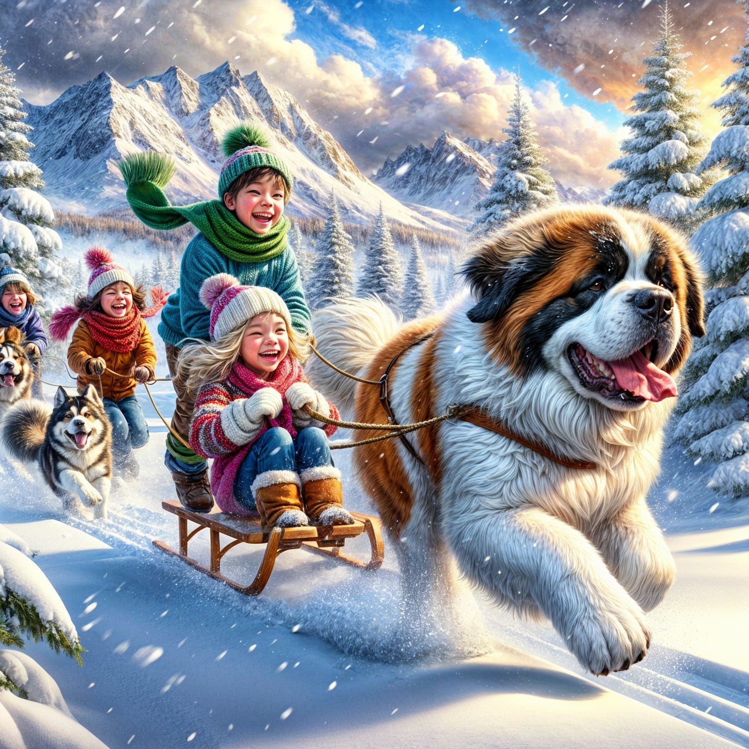 Children Sledding with St. Bernard in Winter Landscape