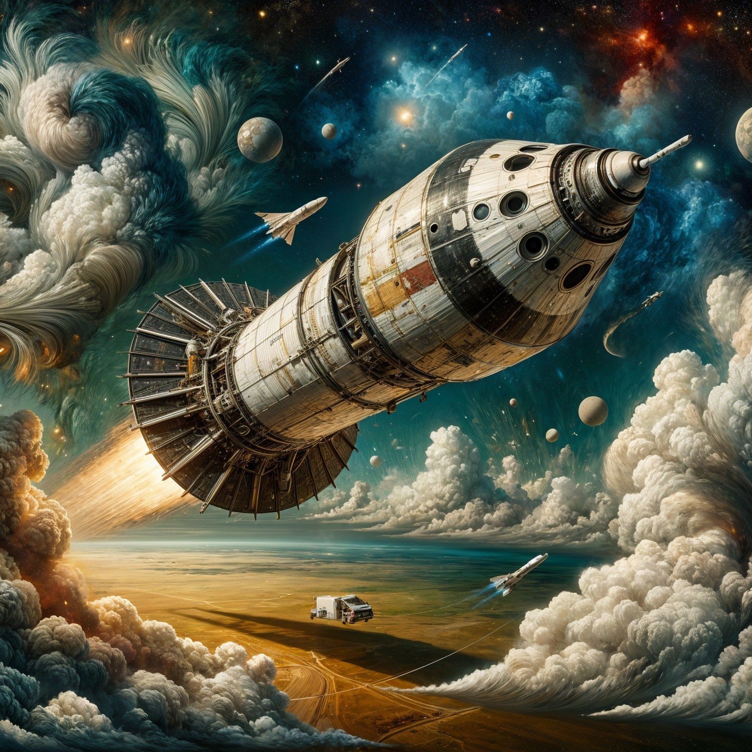 Futuristic Rocket Launching into Cosmic Sky