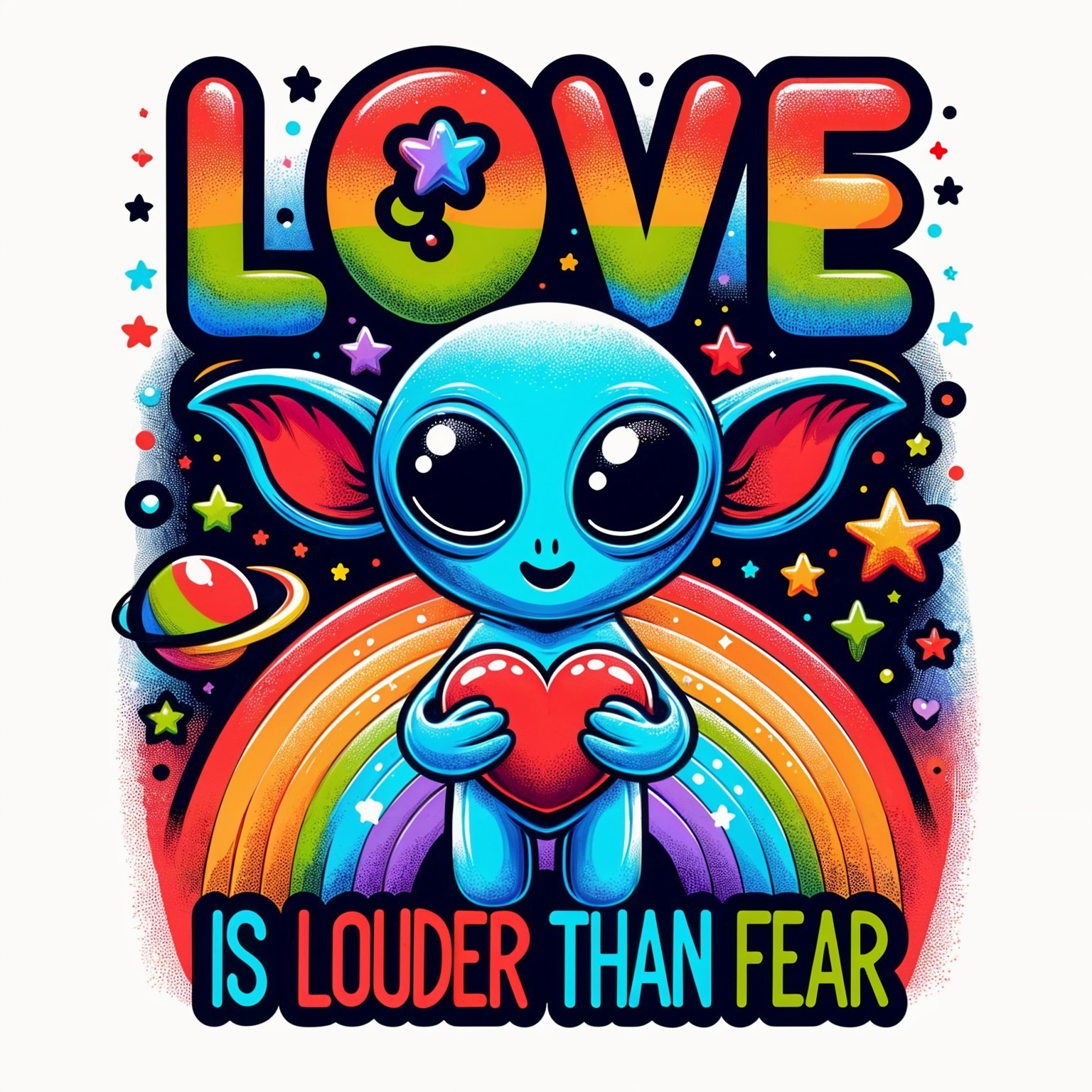 Cartoon Alien with Heart and Rainbow Background