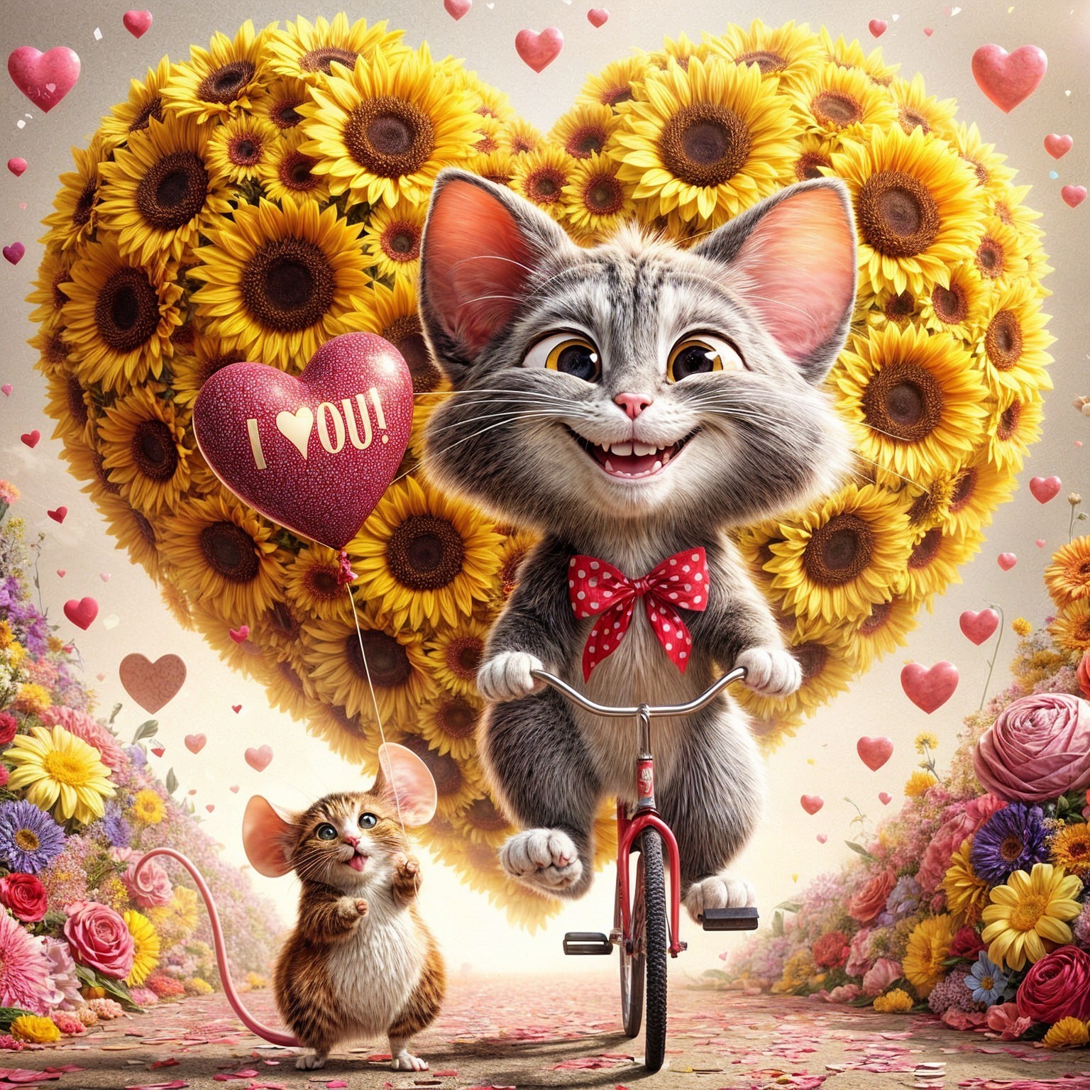 Oversized Cat on Bicycle with Heart Balloon and Mouse