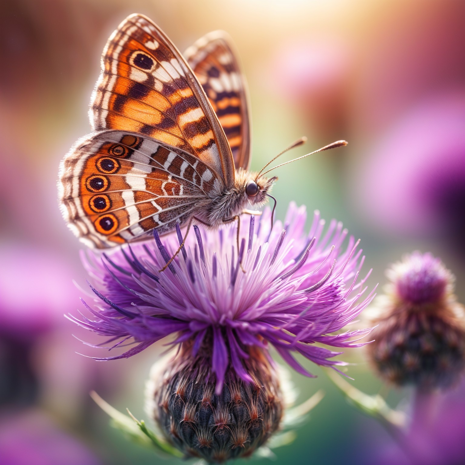 Butterfly on Purple Flower with Soft Focus Background