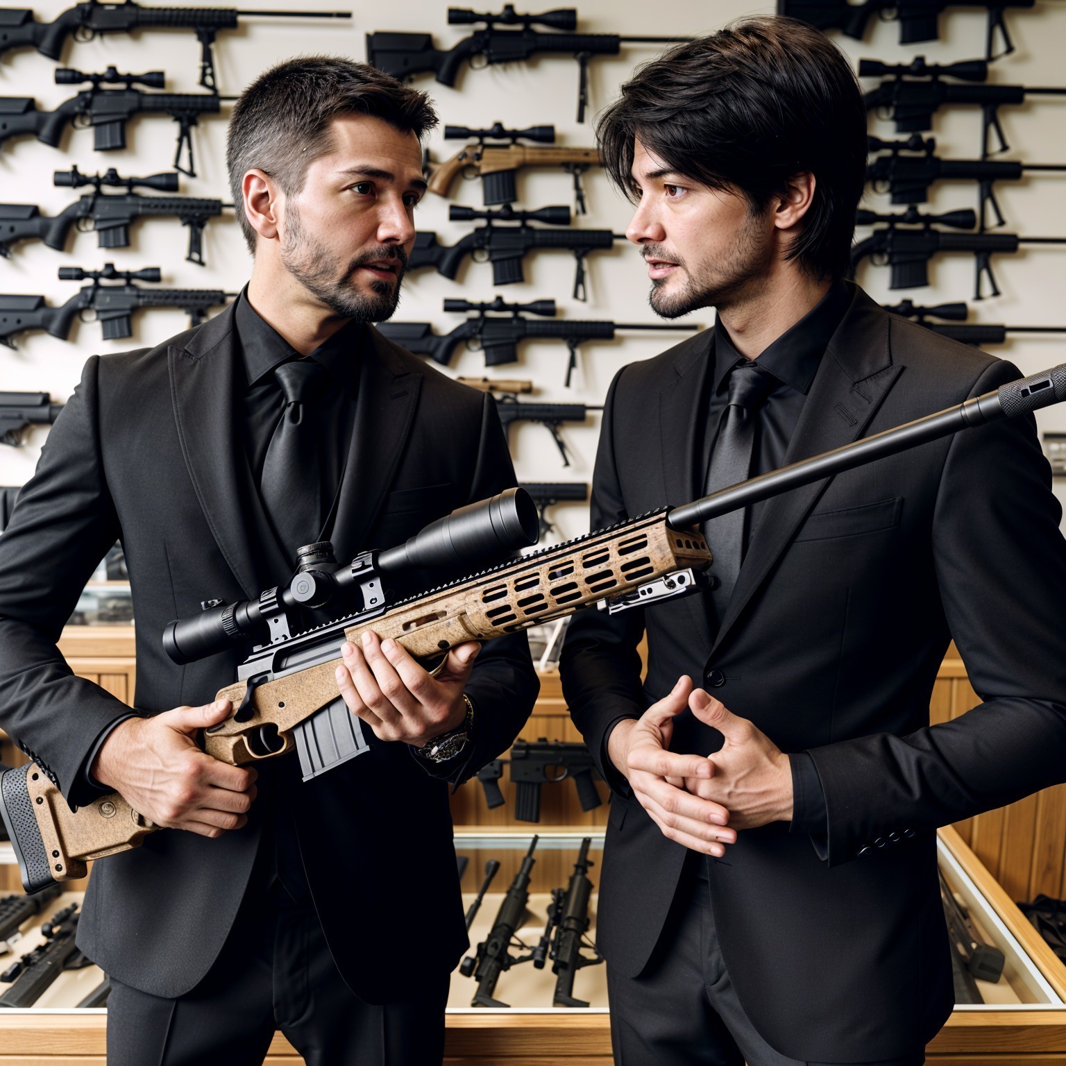 Men in Suits Discuss Firearms in Gun Store
