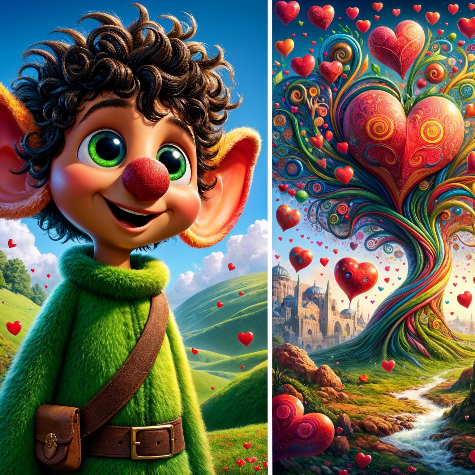 Cheerful Character in Heart-Filled Vibrant Landscape