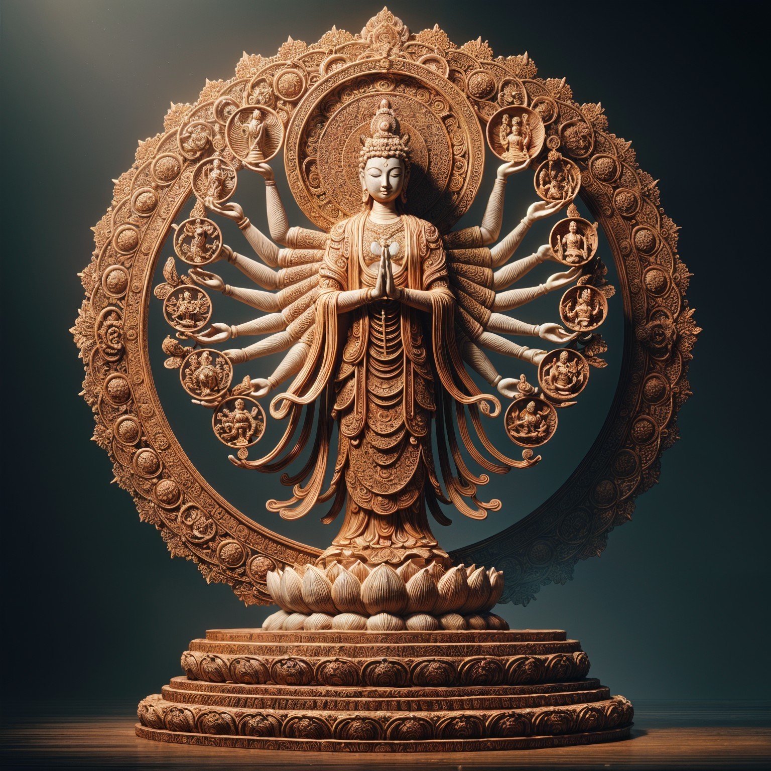 Intricately Carved Multi-Armed Deity Statue Description