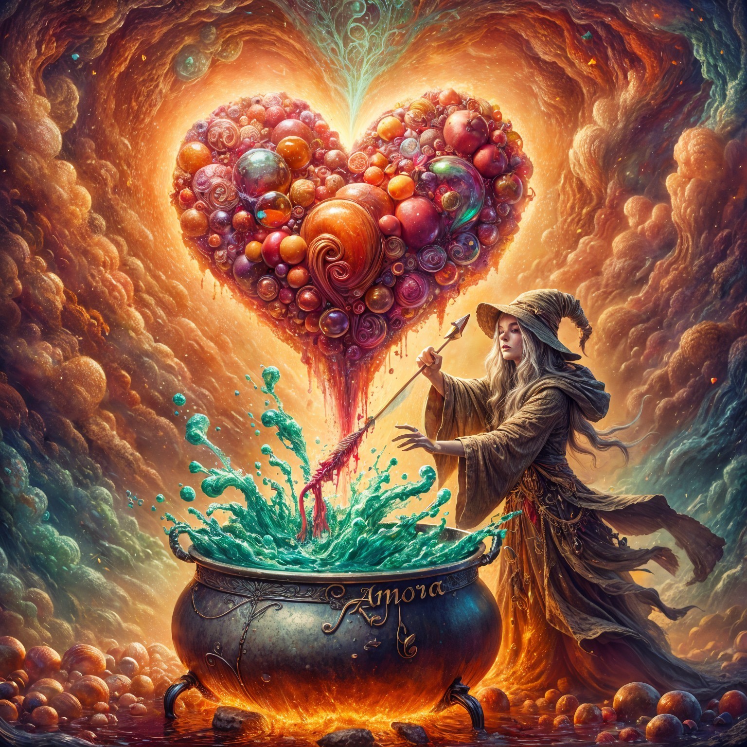 Robe-clad figure stirs colorful cauldron in magic scene