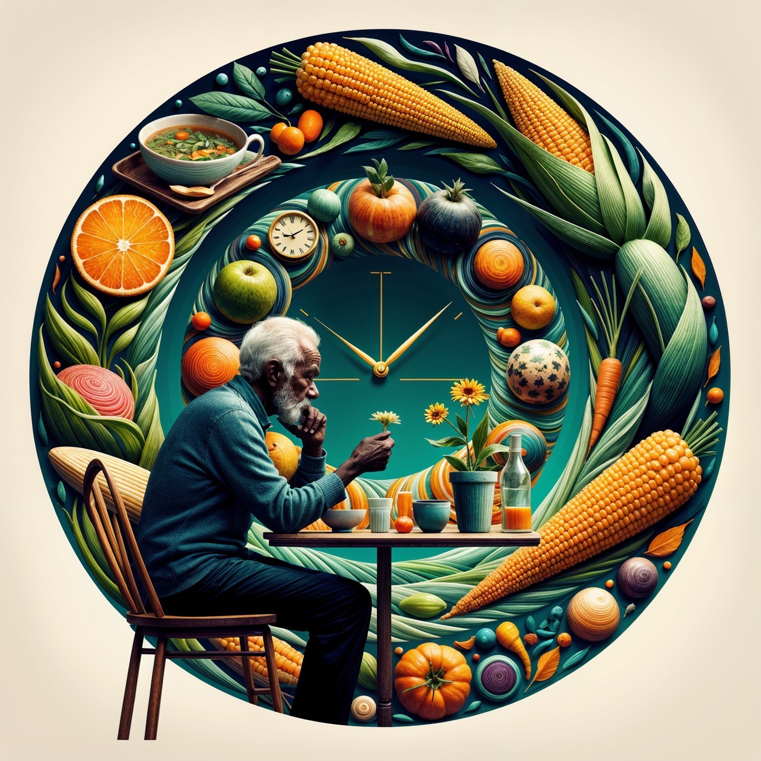 Elderly Man Contemplates Flower Surrounded by Collage