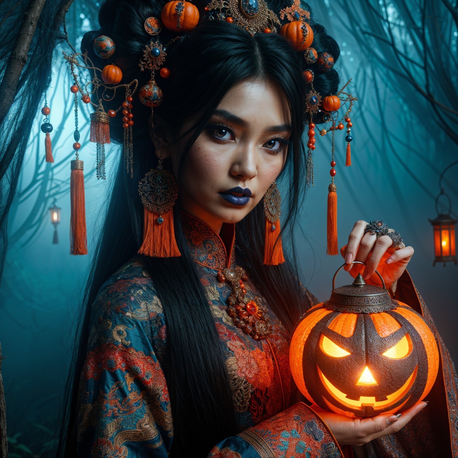 Mystical forest scene with woman and glowing lanterns