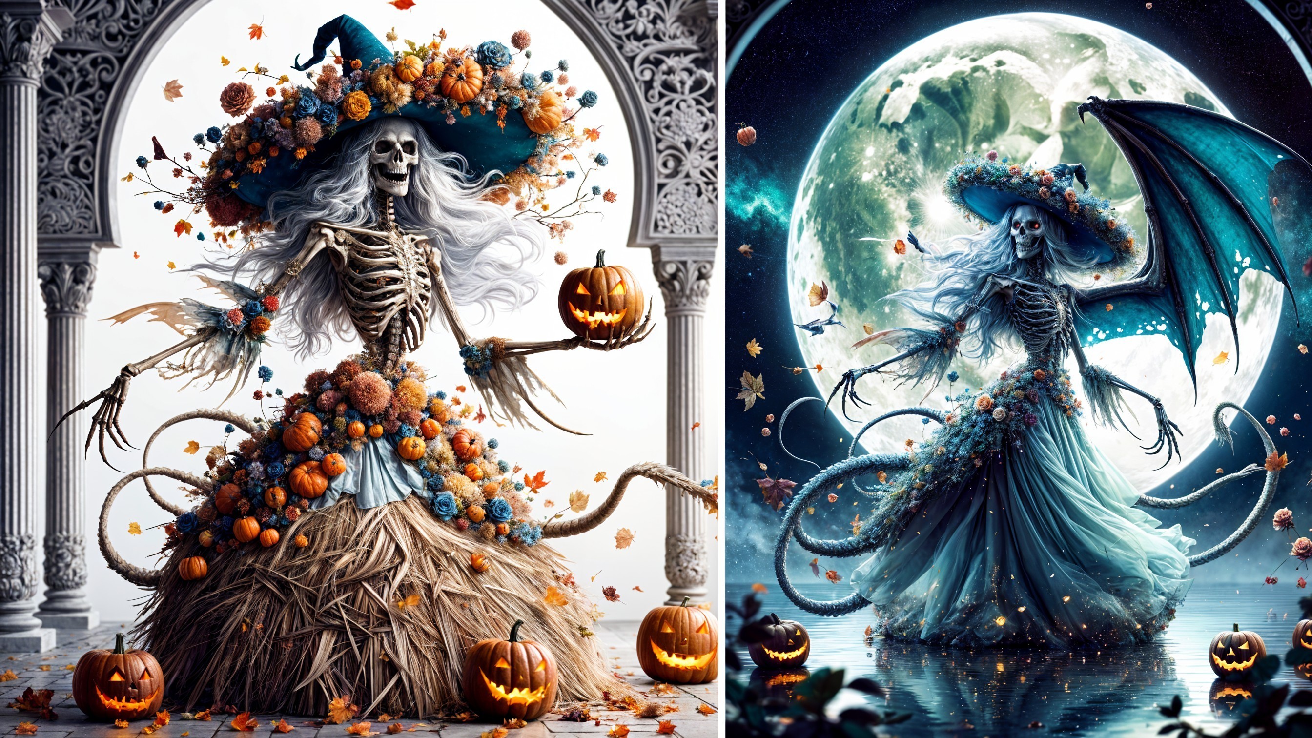 Whimsical Skeletal Figure in Floral Gown and Autumn Decor