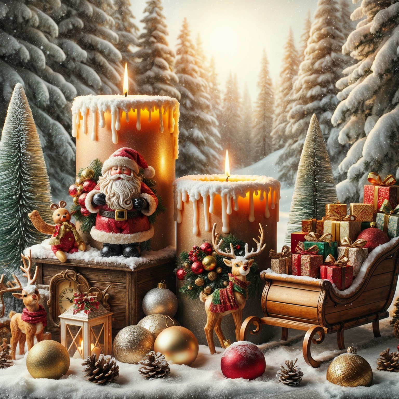 Festive Winter Scene with Candles and Santa Claus