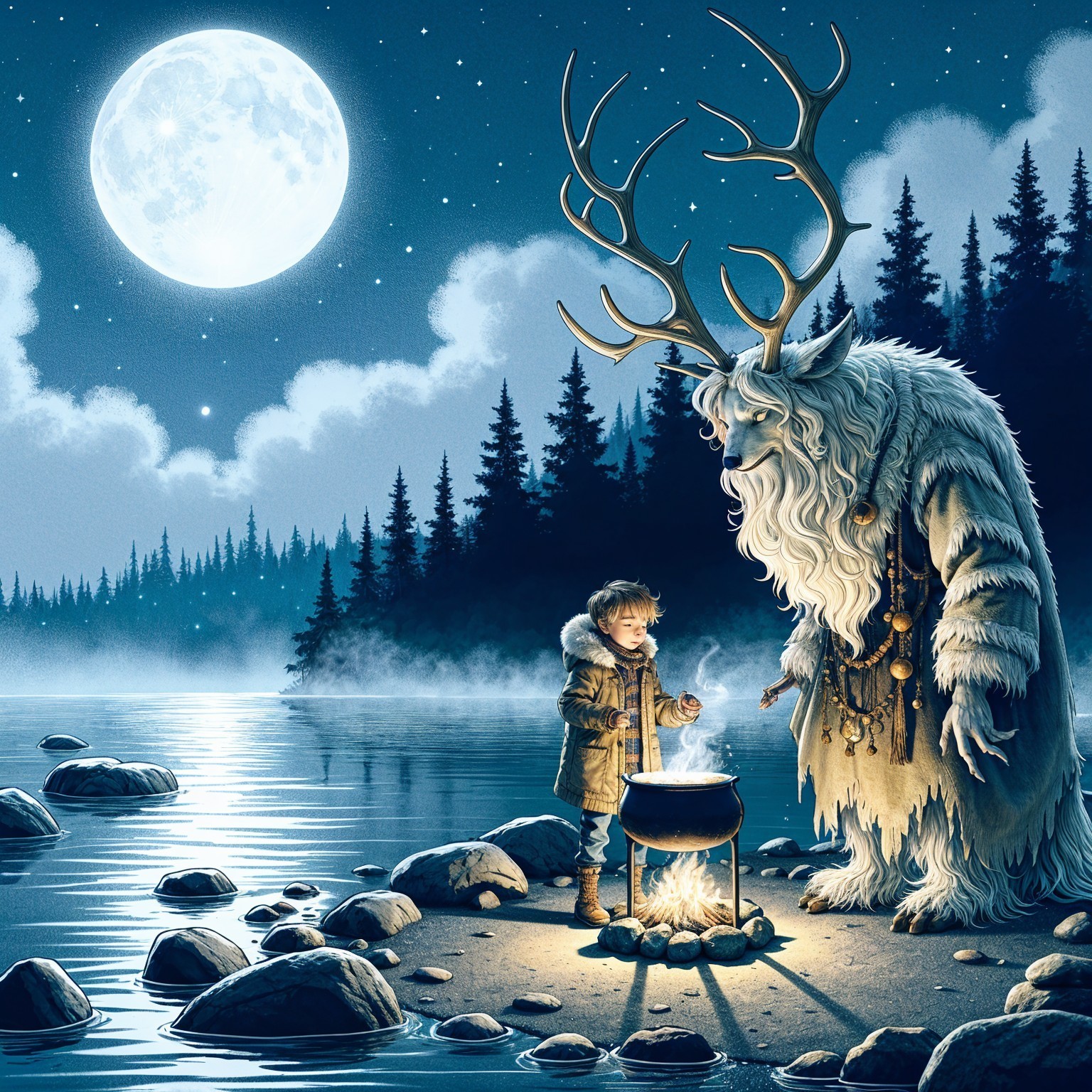 Moonlit Forest Scene with Majestic Creature and Lake