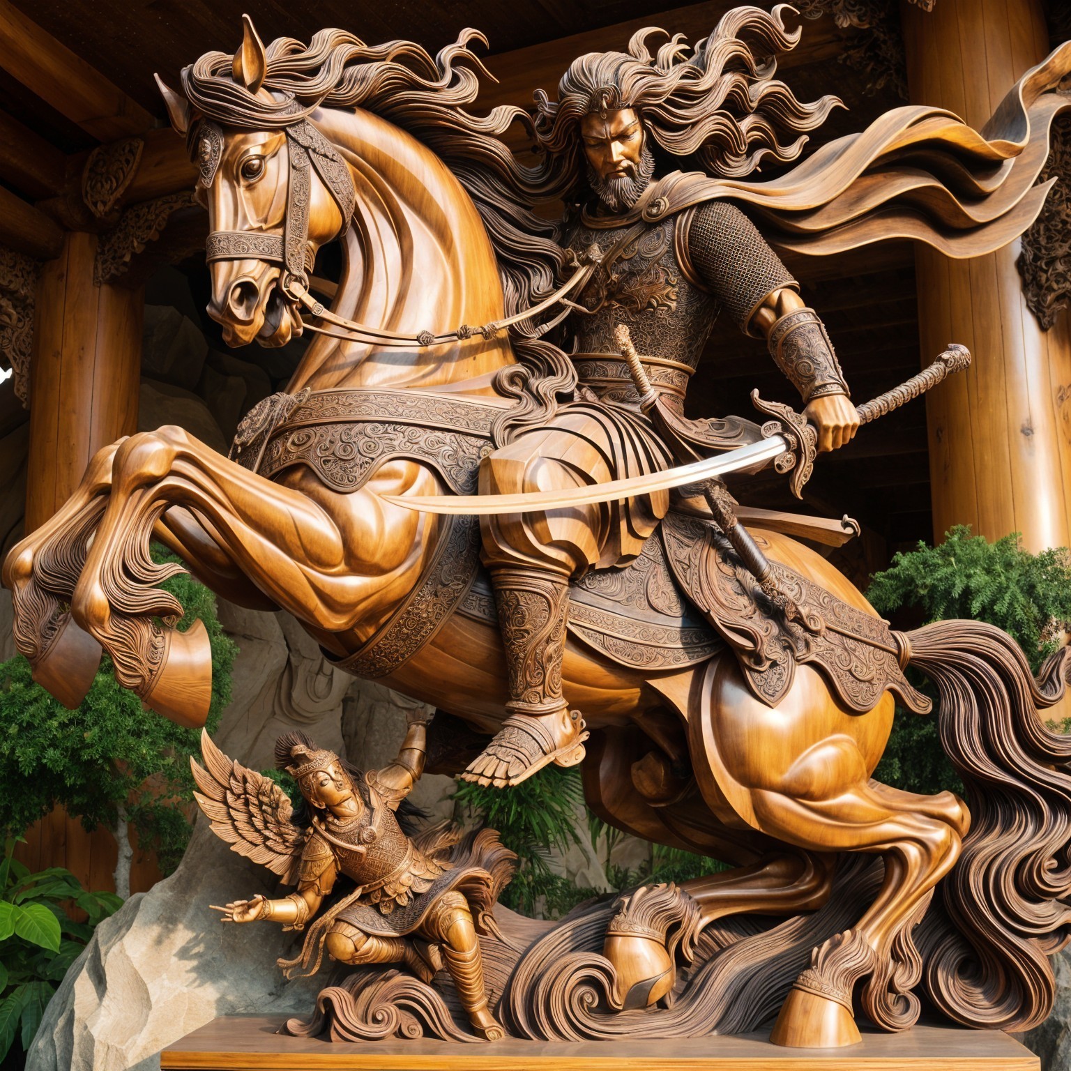 Wooden Sculpture of Warrior on Horseback with Detail