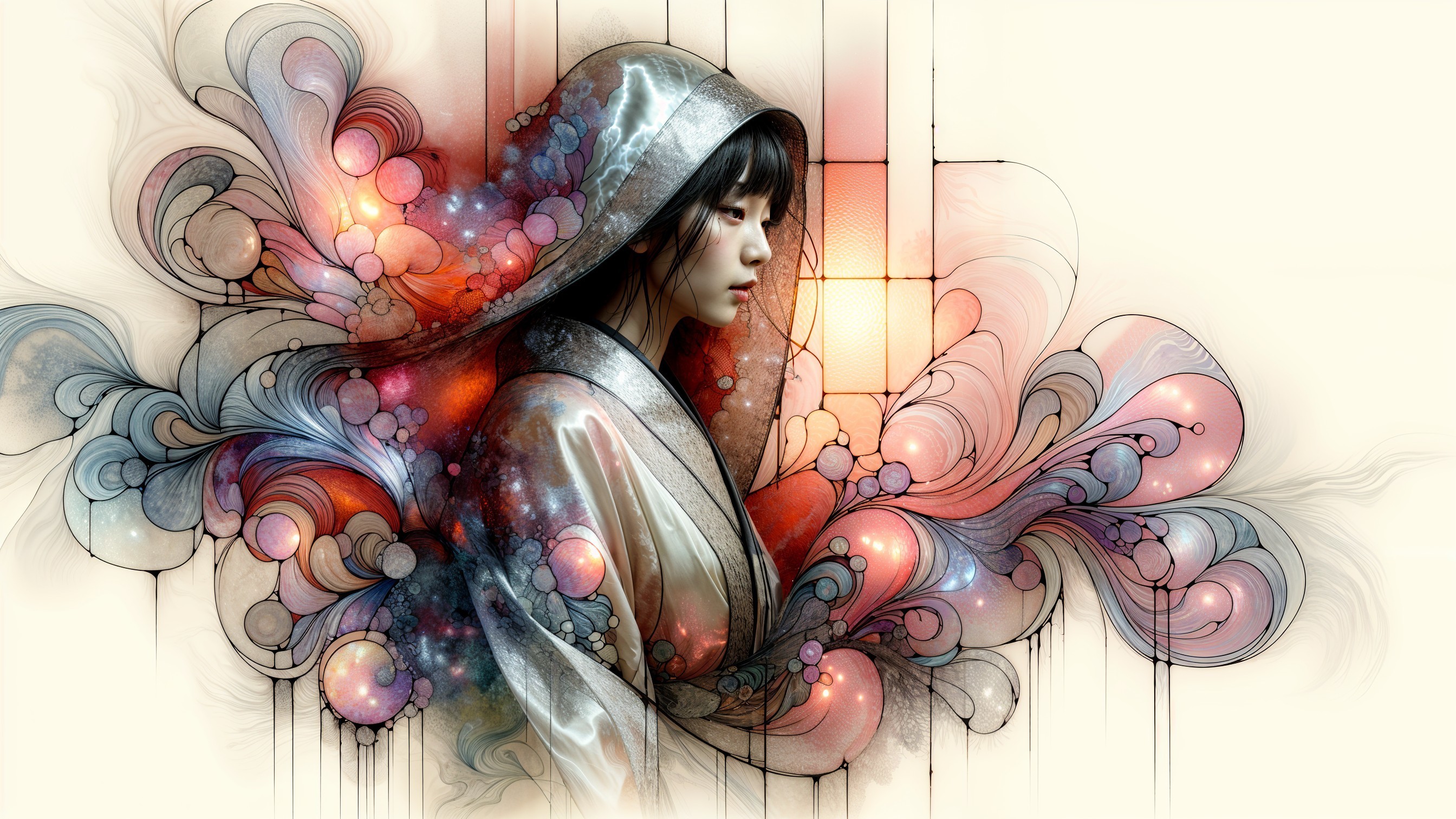 Serene Figure in Flowing Garment with Colorful Patterns