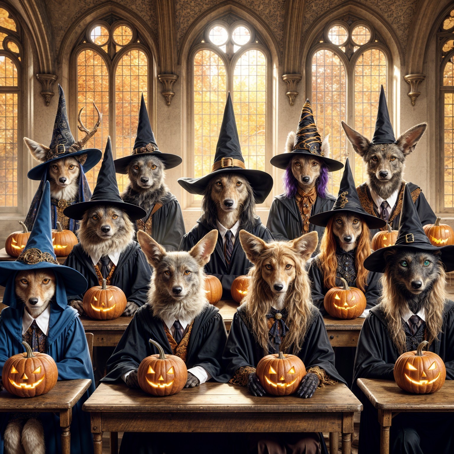 Gothic Classroom with Wizard Wolves and Pumpkins