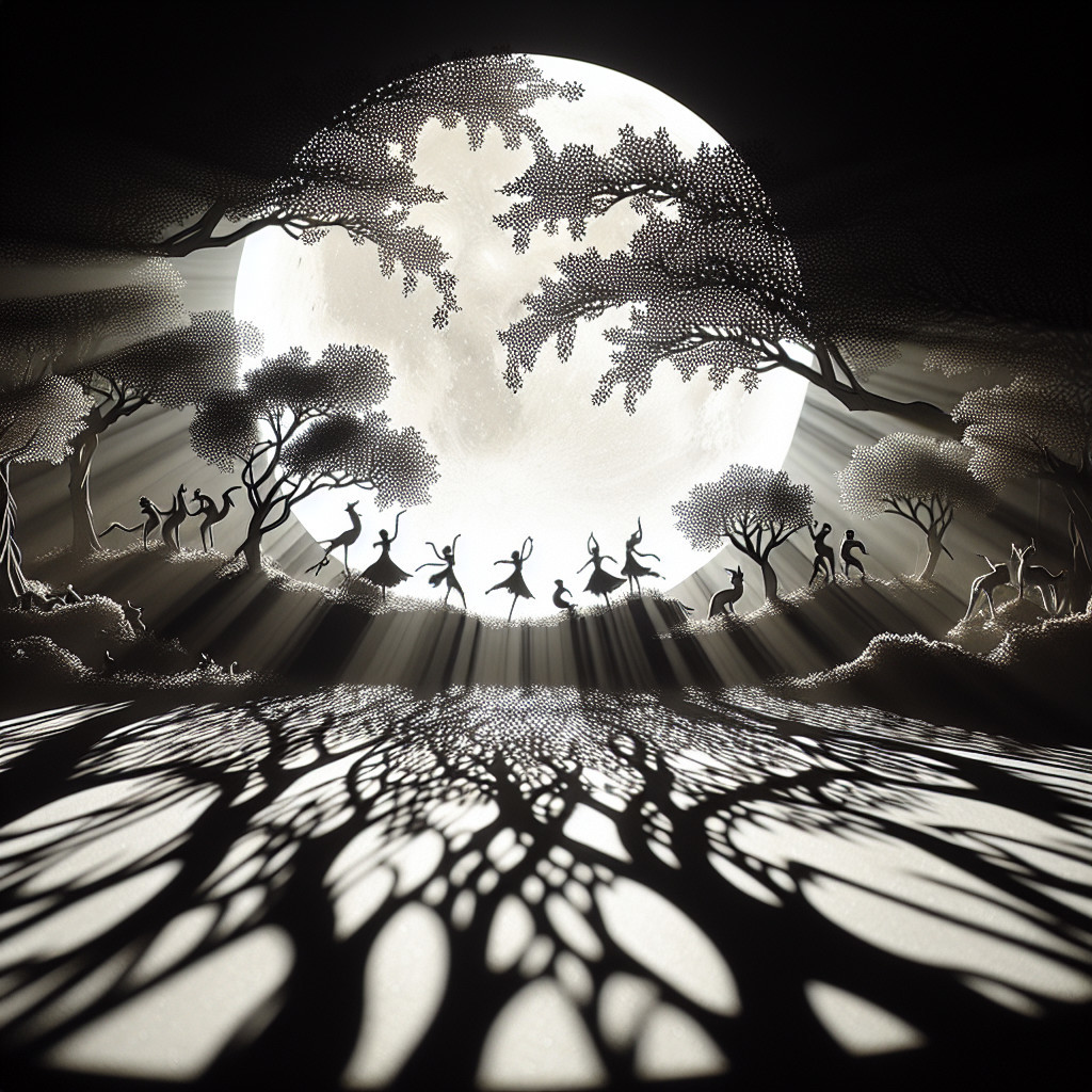 Illuminated Paper Cut Art Scene with Silhouettes