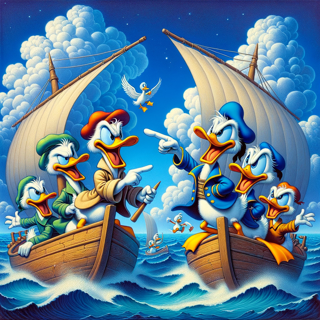 Animated Ducks in Colorful Boats on Blue Waves