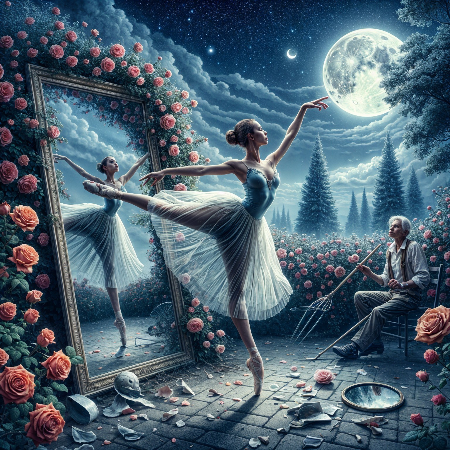 Ballet Dancer in Enchanted Moonlit Rose Garden