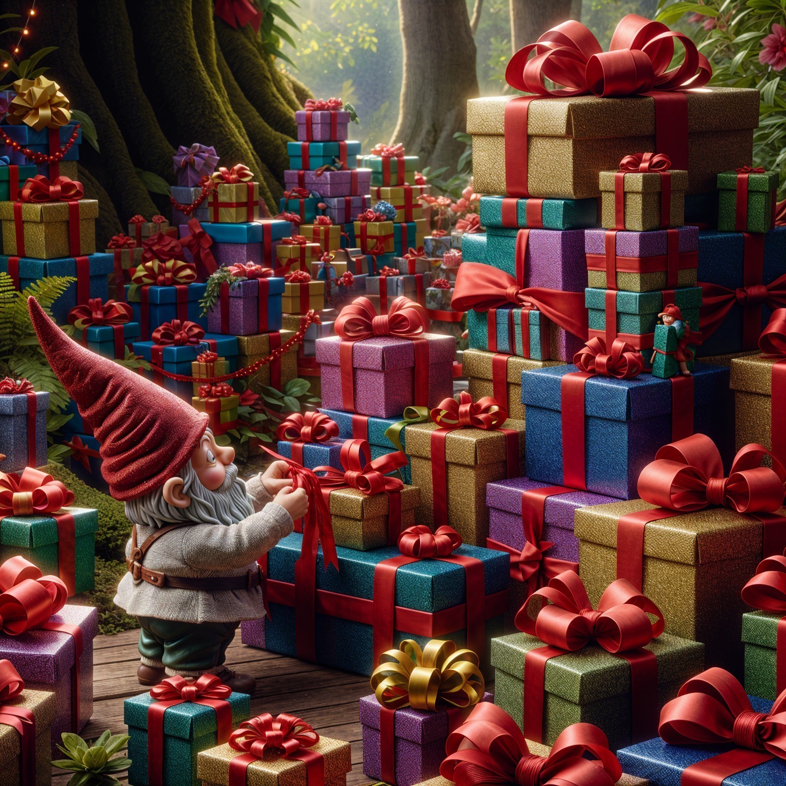 Whimsical Forest Scene with Cheerful Gnome and Gifts