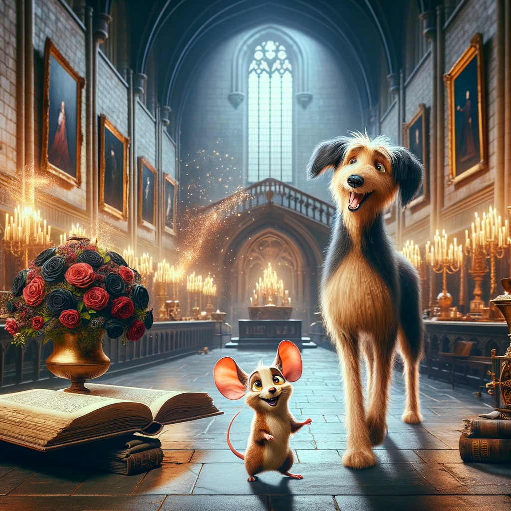 Candlelit Hall with Dog, Mouse, and Roses on Book