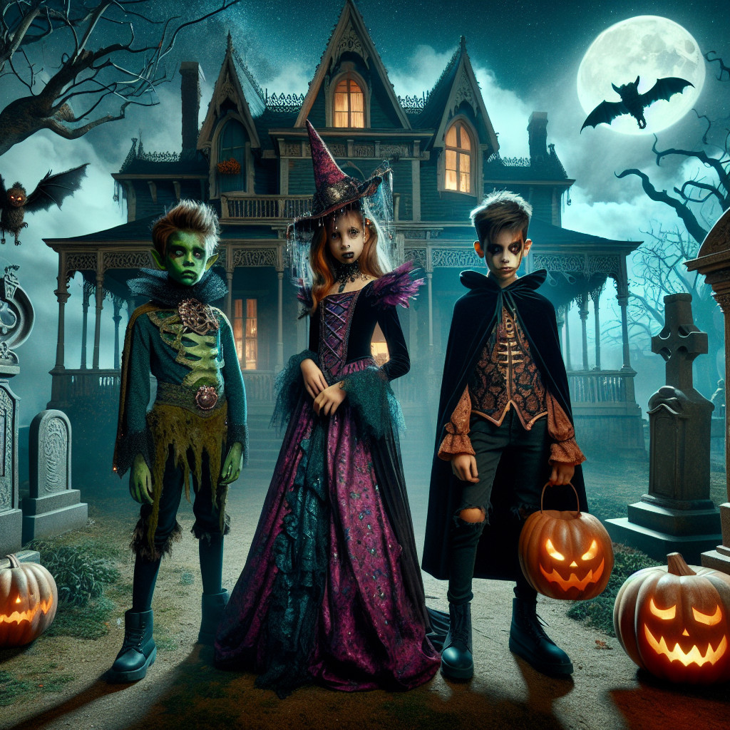 Halloween Costumes in a Spooky Graveyard Scene