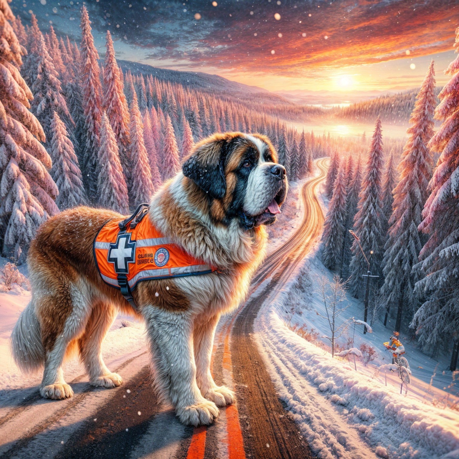 Saint Bernard in Rescue Vest on Snowy Winter Road