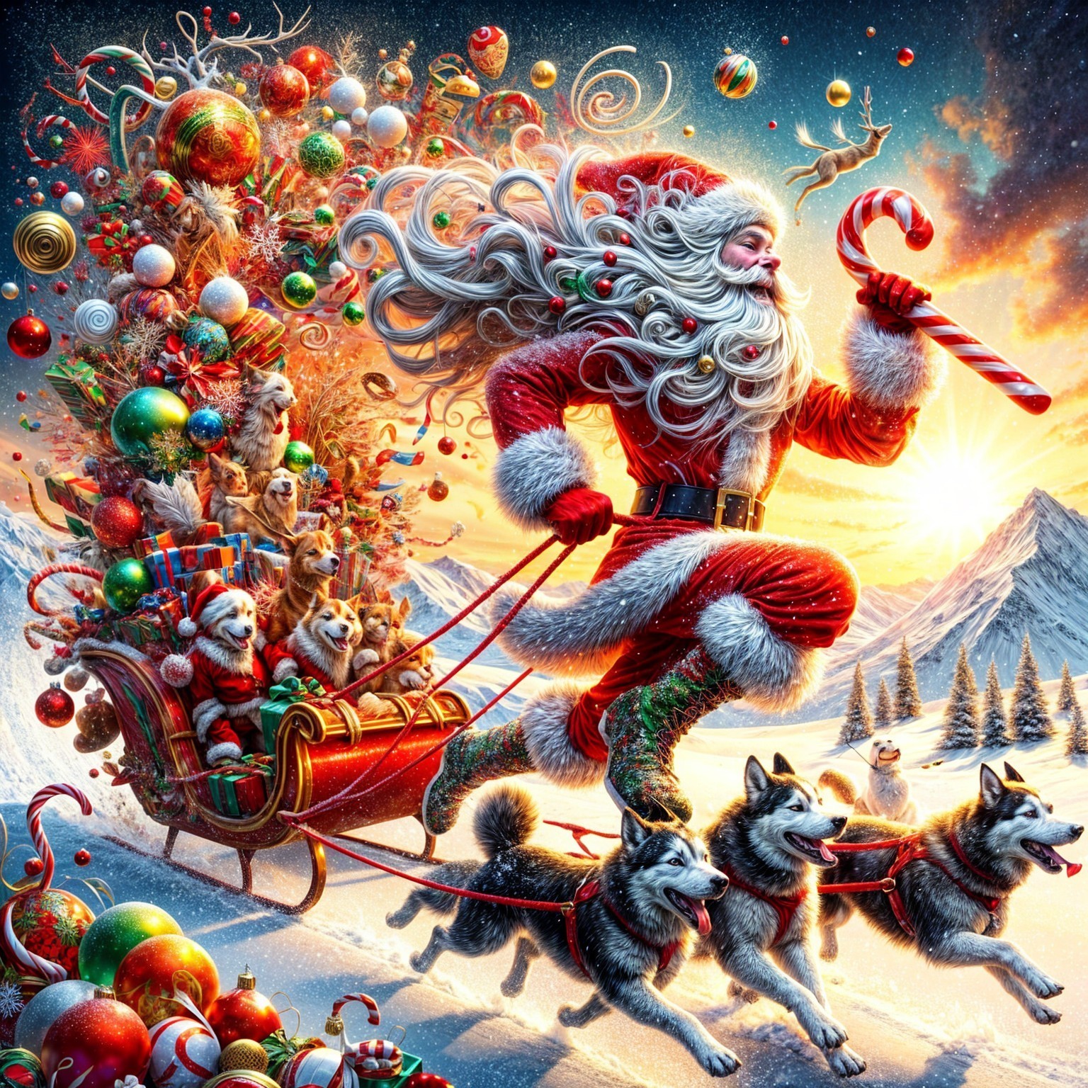 Santa Claus in Red Suit with Sleigh and Huskies