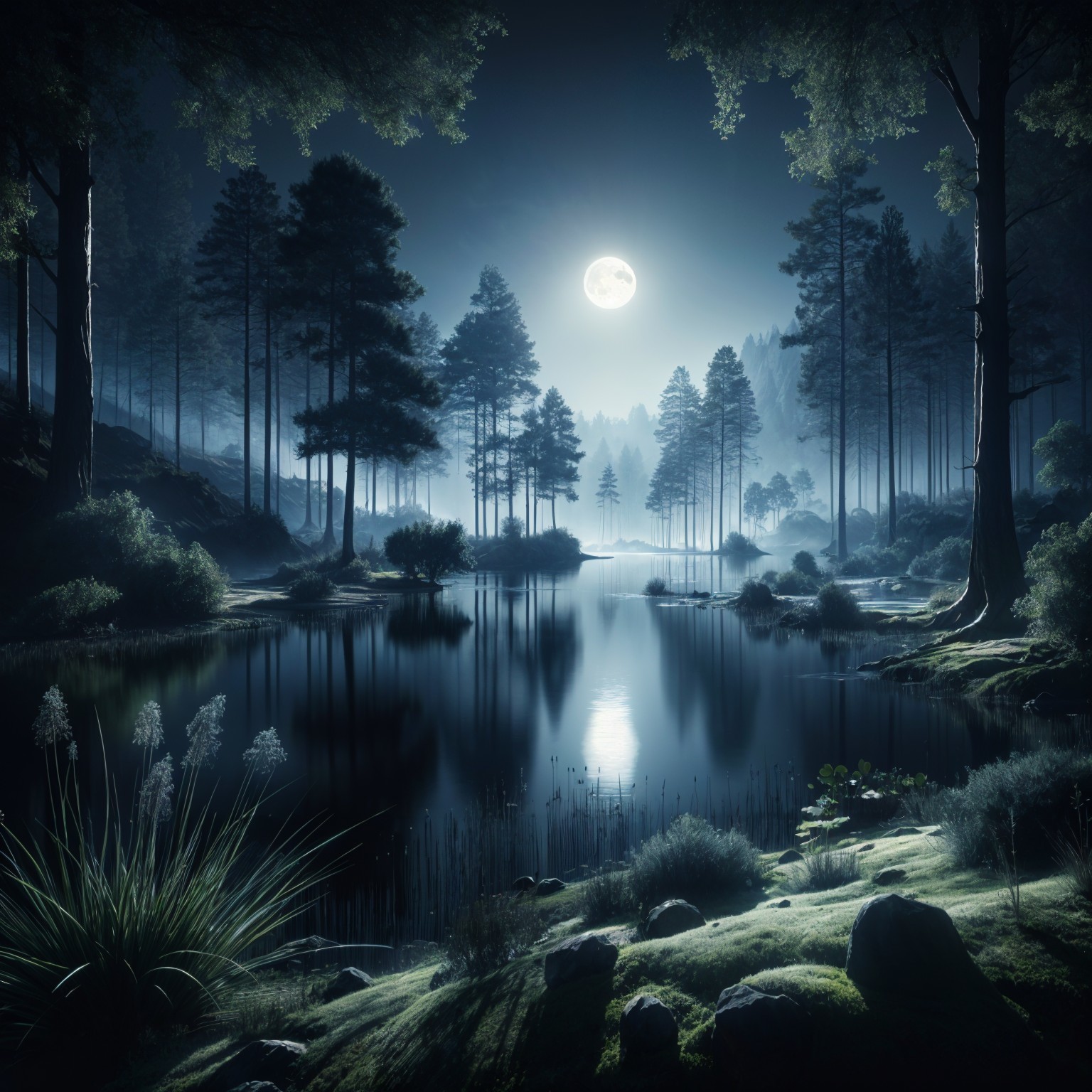 Moonlit Forest Scene with Reflective Lake and Mist