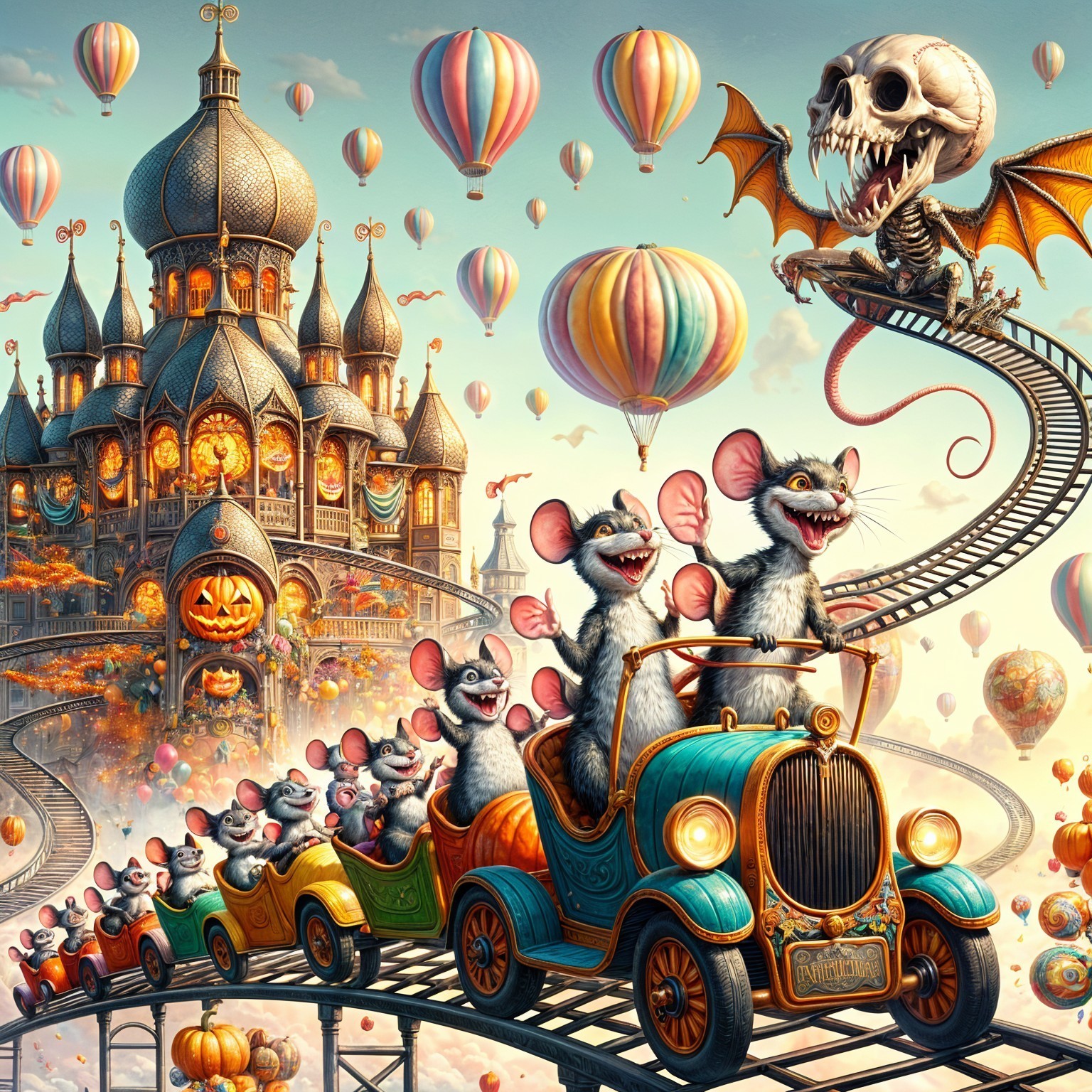 Cheerful Mice on Colorful Cars in Fantasy Landscape