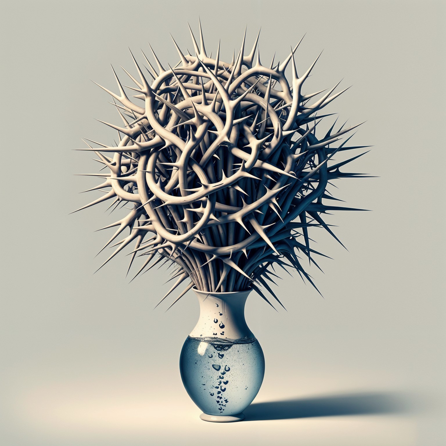 Sculpture of Thorns in Clear Vase with Water