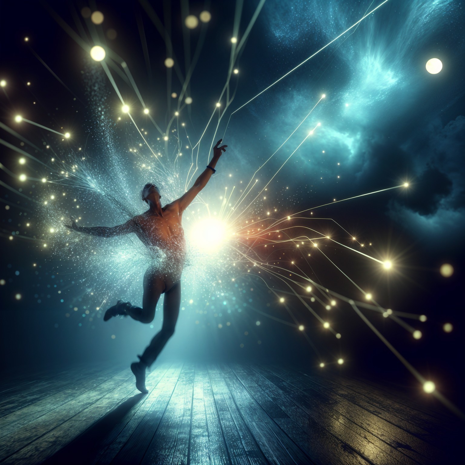 Dancer in Ethereal Space with Vibrant Light Effects