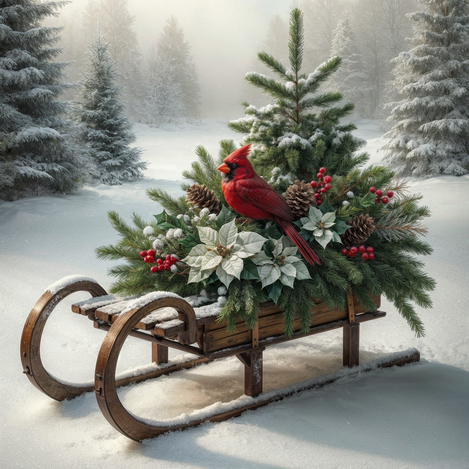 Winter Landscape with Vintage Sled and Festive Decor