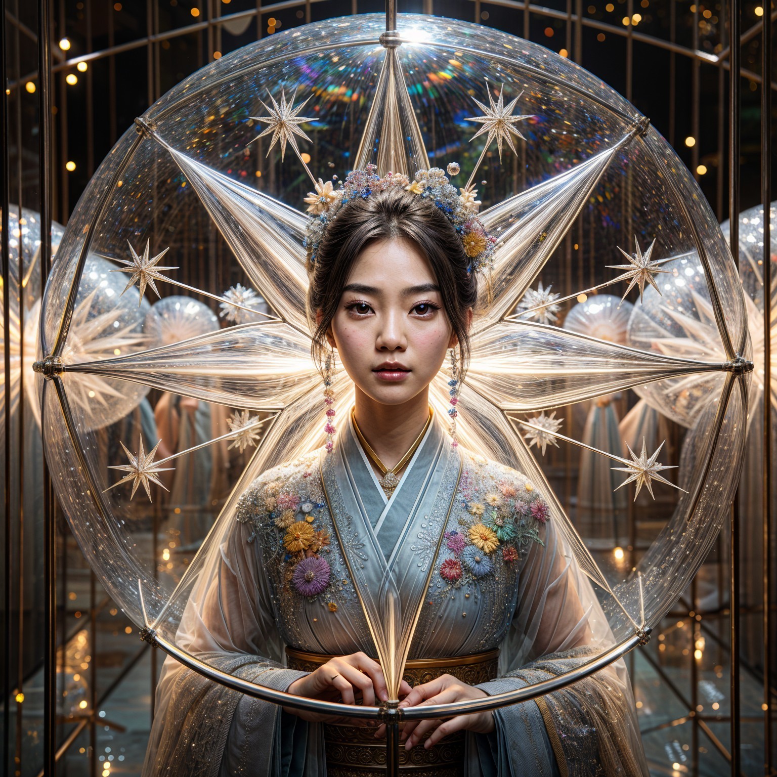 Elegantly Dressed Woman with Starry Umbrella Backdrop