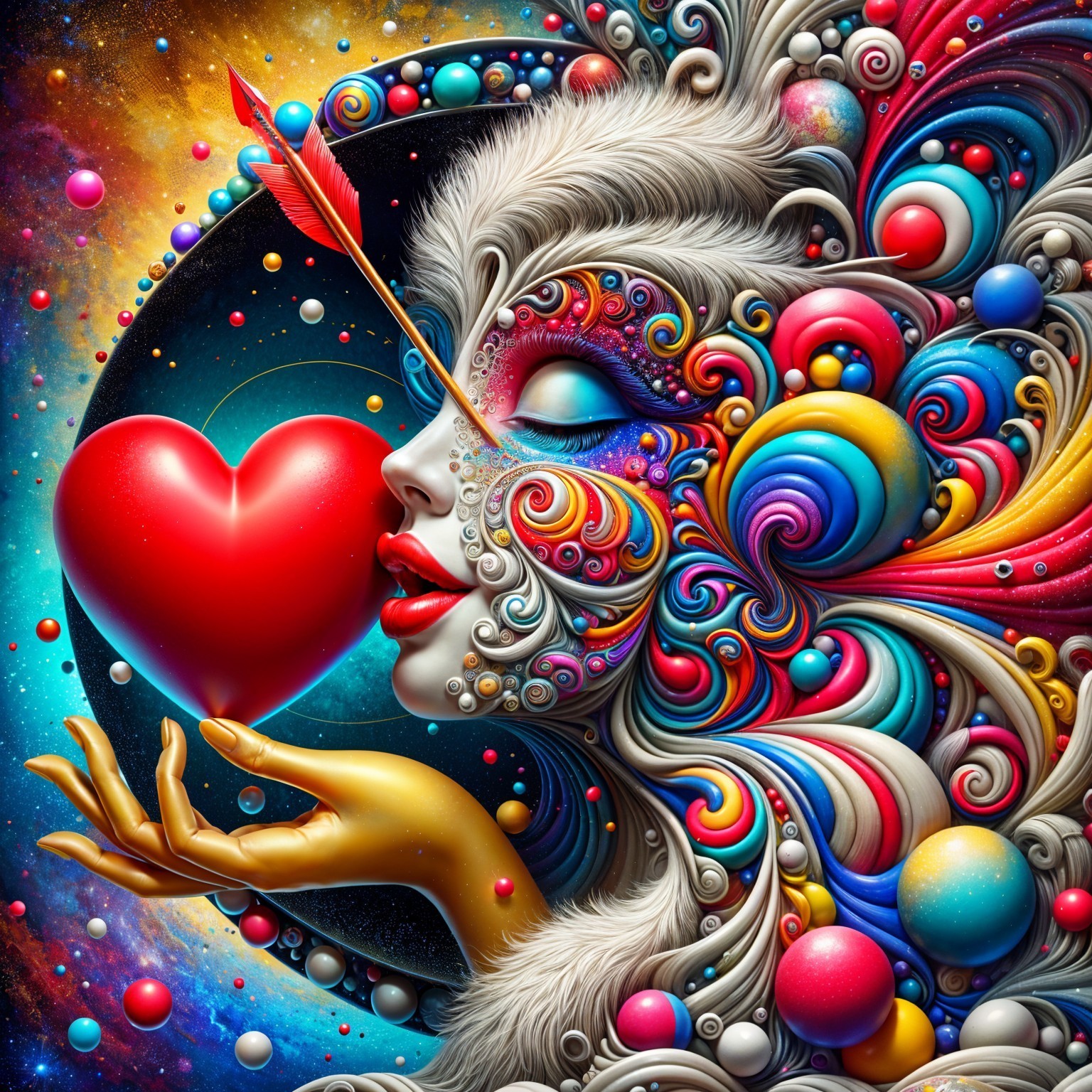 Surreal Portrait of Woman with Heart and Cosmic Elements